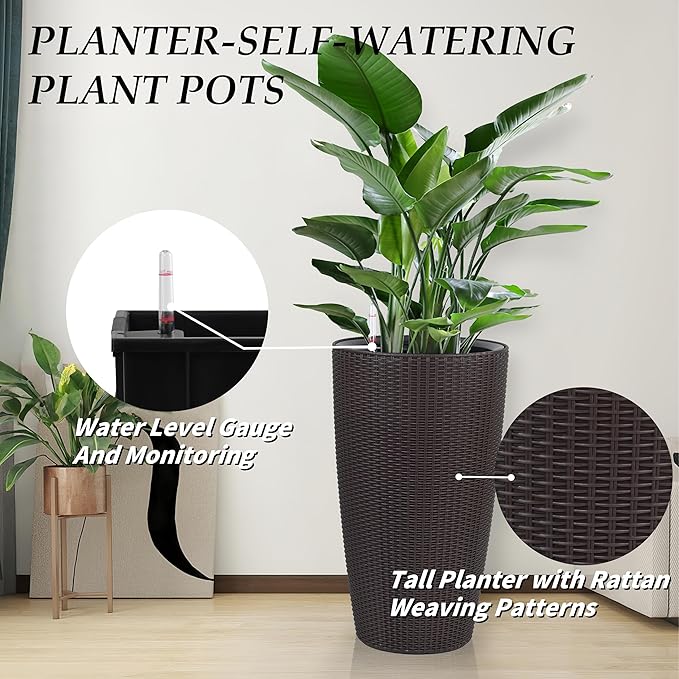 2Pack 22" High Modern Plant Pots Planter-Self-Watering Indoor/Outdoor Planting with Drain Holes, Water Level Monitor, Inner Bucket for Front Porch Patio, Brown Rattan Conical-Ruum Studio Home