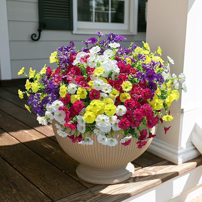 Artificial Flowers for Outdoors Fake Plants Outside Decoration, 12 Bundles Silk Colorful Morning Glory with Eucalyptus UV Resistant Realistic Faux Flowers for Planter Front Door Garden Yard-Ruum Studio Home