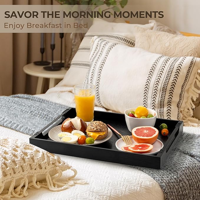 Axeman Wooden Serving Tray with Metal Handles|Ottoman Tray for Breakfast, Bed, Couch|17x13in Ash Wood Coffee Table Trays|Food Drinks Decorative Storage Boards for Ottoman Kitchen, Black-Ruum Studio Home