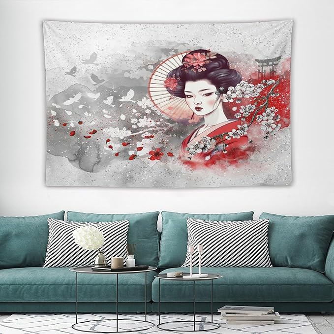 Japanese Geisha Tapestry Asian Red Cherry Blossom Traditional Kimono Folk Tapestries Home Decor for Living Room Bedroom Apartment Farmhouse Dorm 90"x60"-Ruum Studio Home