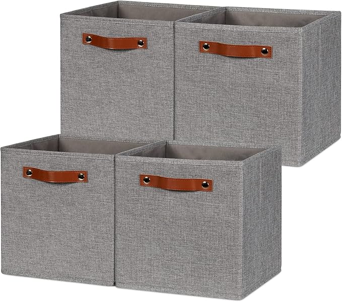 HNZIGE Shelf Storage Cubes Bins for Organizing, Set of 4, Cabby Fabric Cube 11x11 Closet Organizer with Handles (Gray)-Ruum Studio Home