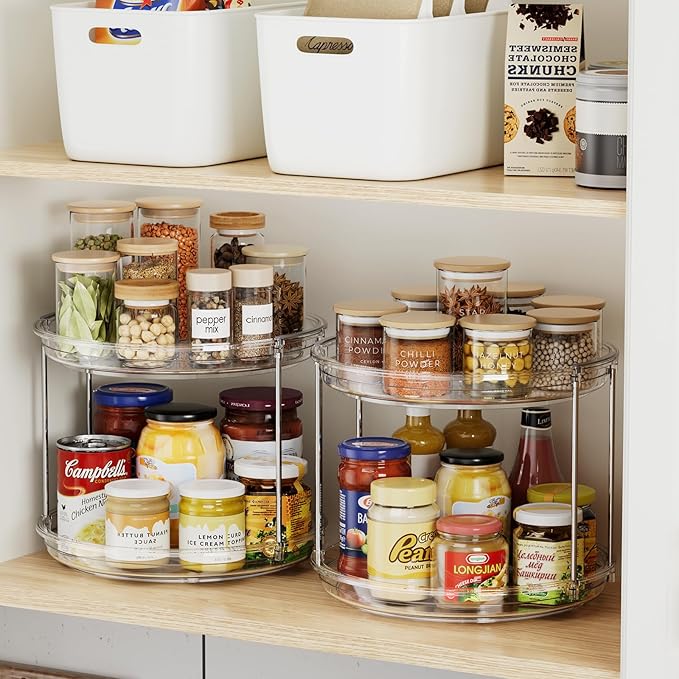 2 Tier Lazy Susan Organizer, 9.25'' Lazy Susan Turntable for Cabinet, Stackable Turntable Organizer Rotating Spice Rack Organization for Kitchen Countertop, Pantry, Bathroom, Clear-Ruum Studio Home
