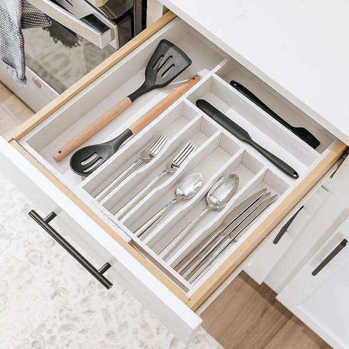 Premium Silverware, Flatware and Utensil Organizer for Kitchen Drawers, Food-Safe Contract Grade, Expandable from 10.5 to 19 In, White Bamboo-Ruum Studio Home