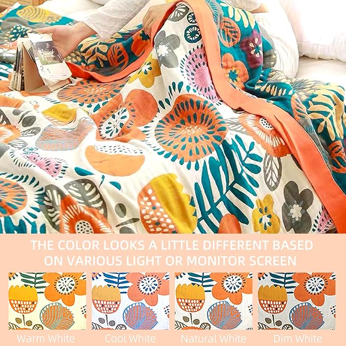 Boho Throw Blanket for Bed - 100% Pure Cotton Ultra Soft Rustic Quilt - Farmhouse Decor Bed Blankets, All Season Rustic Throw for Sofa Couch Chair(80''x 90'', Floral Print 2)-Ruum Studio Home