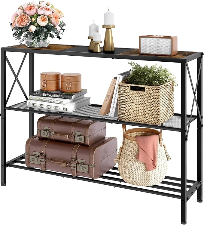 Hoctieon Industrial Console Table, 3 Tier Entryway Table, Hallway Table, Narrow Sofa Table with Shelves, Entrance Table for Entryway, Rustic Brown&Black-Ruum Studio Home