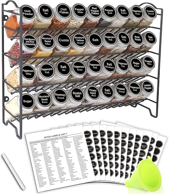 SWOMMOLY Spice Rack Organizer with 36 Empty Square Spice Jars, 396 Spice Labels with Chalk Marker and Funnel Complete Set, for Countertop, Cabinet or Wall Mount, Black-Ruum Studio Home