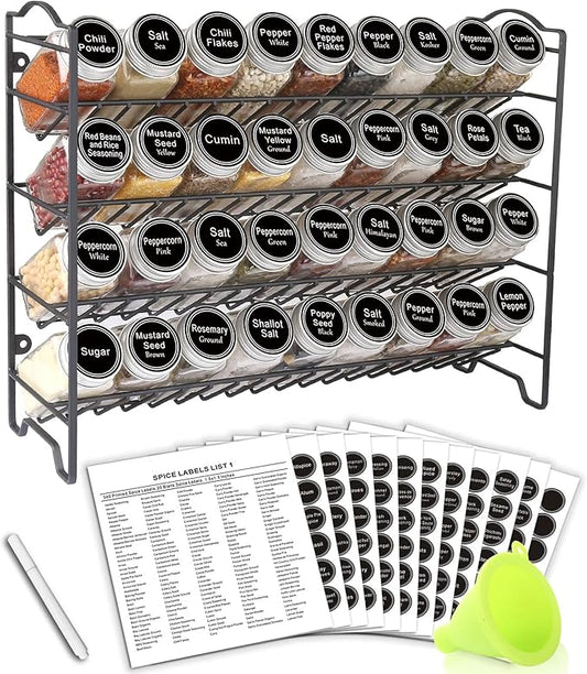 SWOMMOLY Spice Rack Organizer with 36 Empty Square Spice Jars, 396 Spice Labels with Chalk Marker and Funnel Complete Set, for Countertop, Cabinet or Wall Mount, Black-Ruum Studio Home