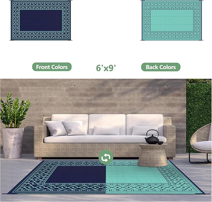 GENIMO Outdoor Rug Waterproof 6'x9' for Patio, Foldable Reversible Plastic Straw Carpet, Outside Area Mat for Patios, Rv, Deck, Picnic, Porch, Camper, Balcony, Beach, Navy Blue & Jade Green-Ruum Studio Home