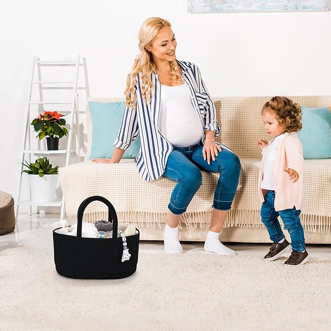 Baby Diaper Caddy Organizer for Girl Boy Cotton Rope Nursery Storage Bin Basket Portable Holder Tote Bag for Changing Table Car Travel Baby Shower Gifts Newborn Essentials Registry Must Haves Black-Ruum Studio Home