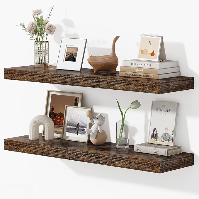 Dreamland 36 Inches Floating Shelves for Wall, 9.3" Deep Long Floating Shelves Set of 2, Large Display & Storage Shelf, Wall Shelf for Bathroom Bedroom Living Room Kitchen Office, Rustic Brown-Ruum Studio Home