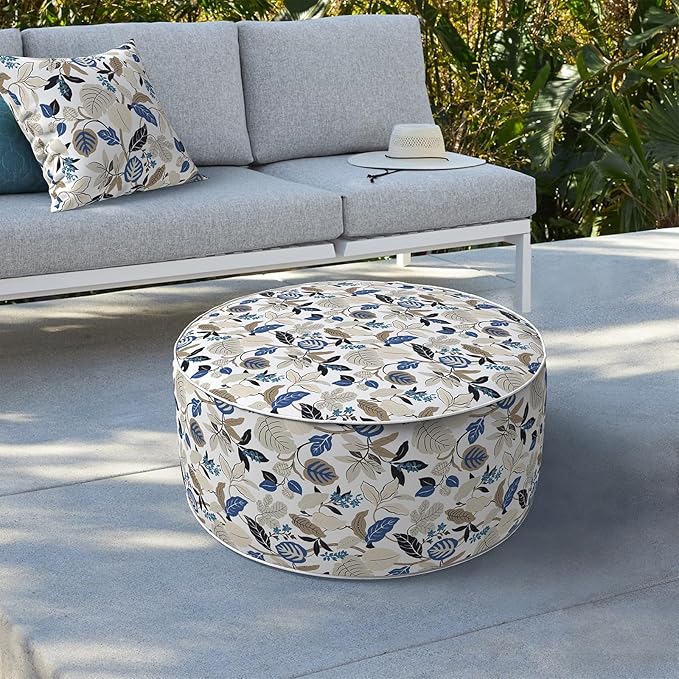 LVTXIII Indoor/Outdoor Inflatable Ottoman, D31 x H14 Inch Large Round Ottoman, All Weather Foot Rest Stool, Portable Footrest for Patio, Garden, Camping and Home - Breeze Leaves Beige-Ruum Studio Home