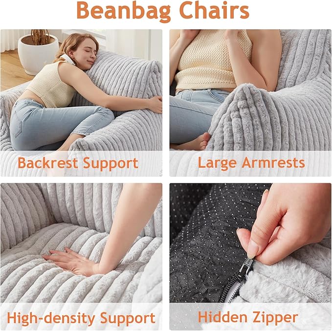 Giant Bean Bag Chairs for Adults with Filling Plush Fluffy Bean Bag Chairs for Teens with Armrests Comfy BeanBag Lazy Couch Sofa Chair for Bedroom Living Room Reading-Ruum Studio Home