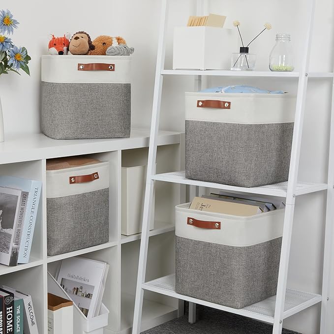 DULLEMELO [Set of 4 Storage Cubes Baskets for Organizing, 12 x 12 x 12 inch Cube Storage Organizer Bins with Leather Handles, Foldable Fabric Cloth Bins for Cube Storage(4 Pack - 12" White&Grey)-Ruum Studio Home