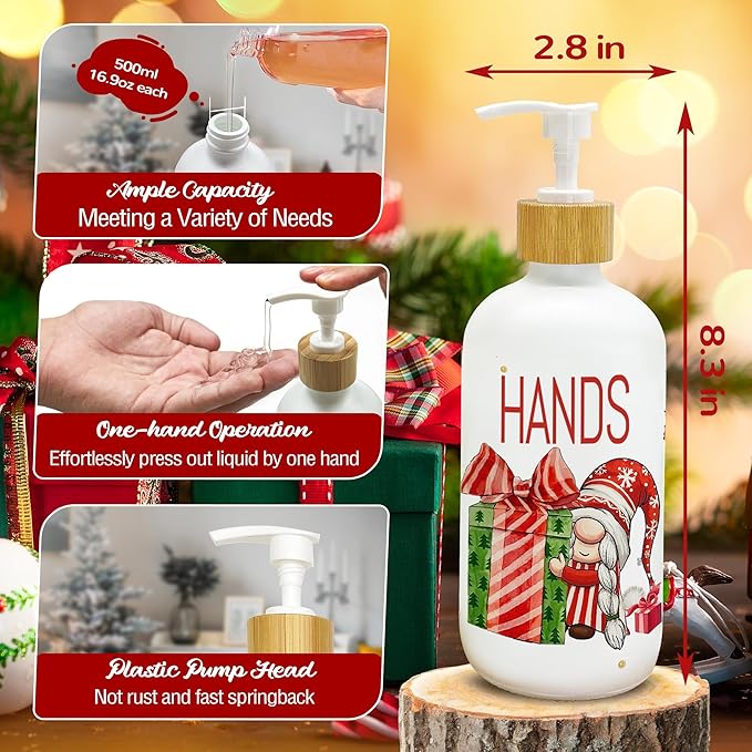 Hexagram Christmas Soap Dispenser Set of 2, Christmas Kitchen Decor, Xmas Gnomes Glass Soap Dispenser for Home Indoor Decorations, Xmas Refillable Lotion Essential Oil Dispensers with Pump-Ruum Studio Home