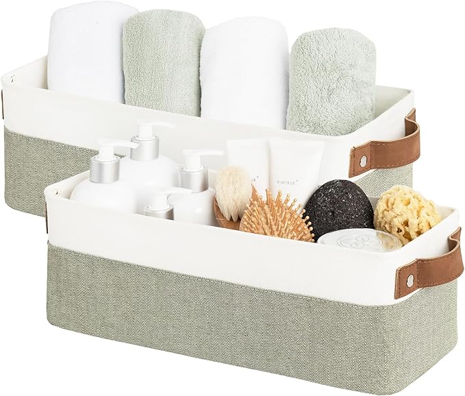 StorageWorks Narrow Storage Bins, Small Basket for Closet and Shelves, Fabric Organizer with Handles, Toilet Paper Storage, Green and White, 2-Pack-Ruum Studio Home