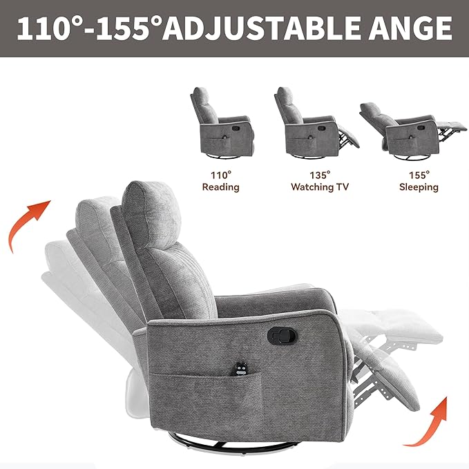 Manual Swivel Rocker Recliner Chair for Adults, Overstuffed Reclining Glider Chair for Nursing with Vibration Massage & Heat, Living Room Rocking Recliner 2-Stage backrest, Chenille Fabric Dark Gray-Ruum Studio Home