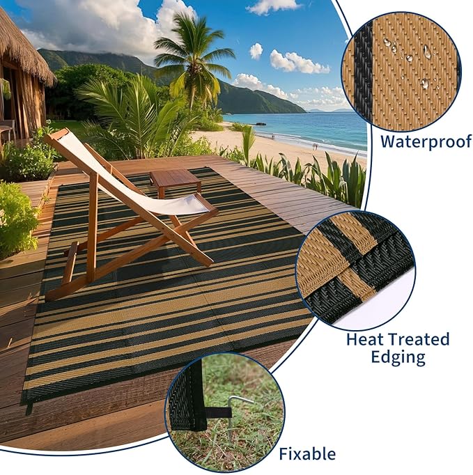 Waterproof Outdoor Rug 8x10 Contemporary Reversible Plastic Straw Rug, Easy Cleaning Striped Patio Carpet, UV-Resistant Indoor Outdoor Floor Cover for RV, Porch, Deck, Backyard, Black Brown-Ruum Studio Home
