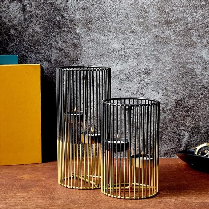 Juvale Set of 2 Black and Gold Geometric Candle Holders for Modern Table Decor (2 Sizes) - Black and Gold Candle Holder Set for Table Centerpieces-Ruum Studio Home