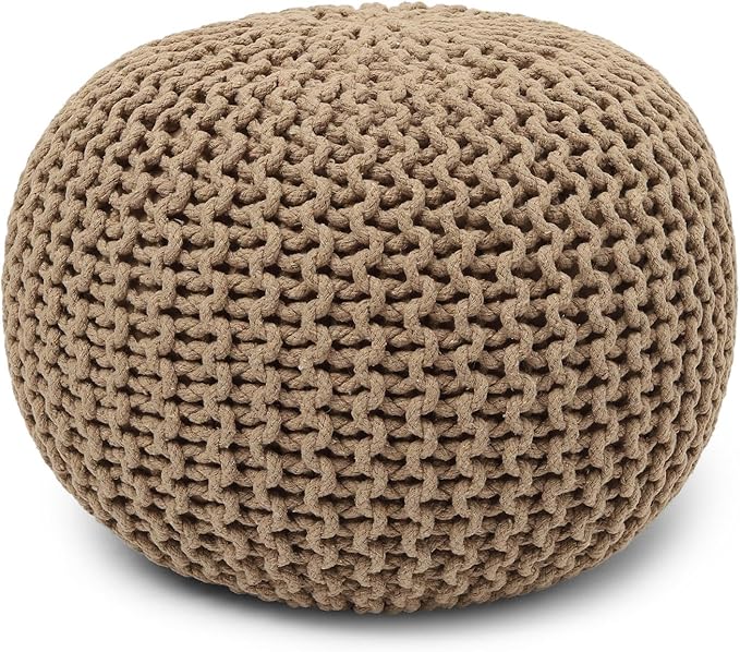 REDEARTH Round Pouf Ottoman - Hand Knitted Cable Boho Poof Home Décor Pouffe Circular Footrest for Living Room - Bedroom - Lounge - 100% Cotton (19.5"x19.5"x14") - Beige-Ruum Studio Home