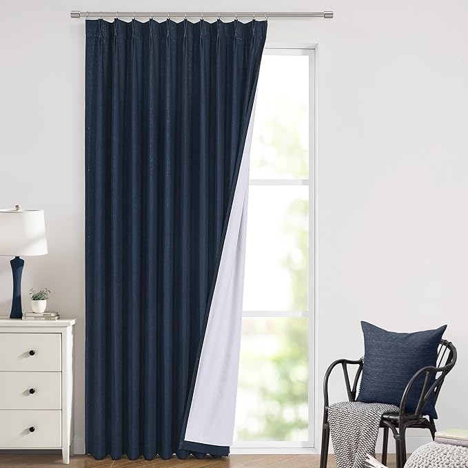 Vision Home Navy Blue Pinch Pleated Full Blackout Curtains Linen Blended Room Darkening Window Curtains 120 inch for Living Room Bedroom Thermal Insulated Pinch Pleat Drapes with Hooks 60" Wx120 Lx1-Ruum Studio Home