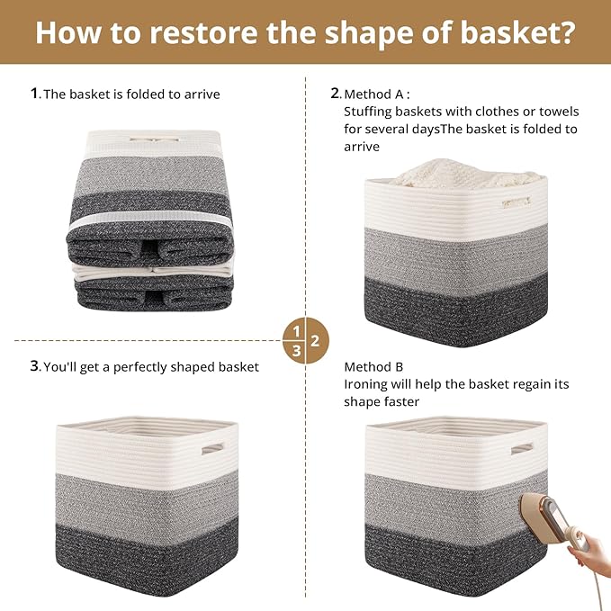 OIAHOMY 13 Kallax Inch Cube Storage Bins, 3-Pack Cotton Rope Woven Baskets for Organizing, Kallax Insert Storage Baskets for Shelves, Baby Nursery, Closet Organizer, 13*13*12.6IN, Gradient Gray-Ruum Studio Home