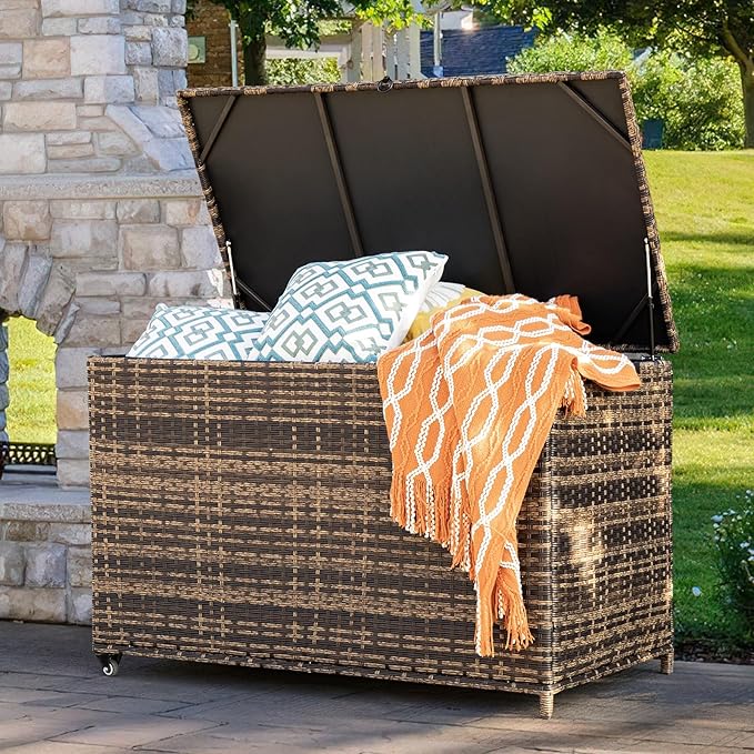 178 Gallon Outdoor Storage Box, Handle Large Portable Wicker Rattan Deck Box for Patio Furniture Cushions, Patio Deck Box with 2 WheelsThrow Pillows, Garden Tools and Pool Floats (Brown)-Ruum Studio Home