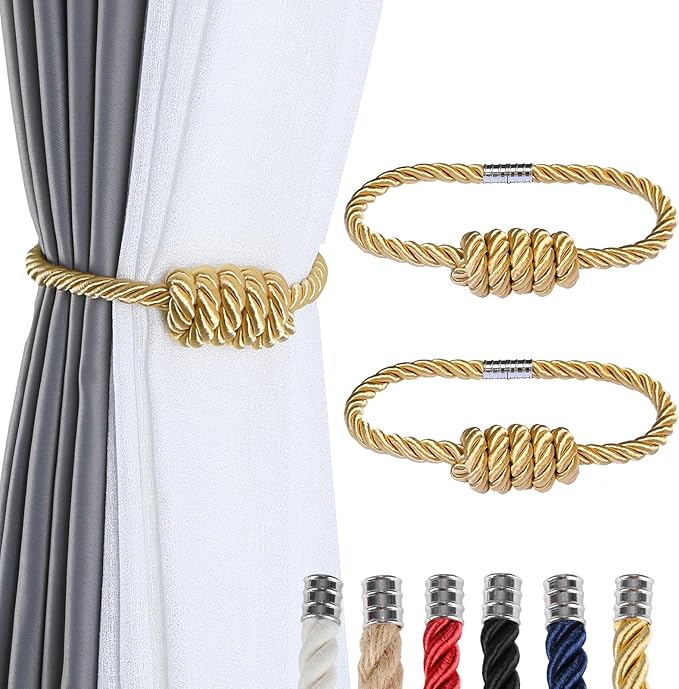 Fenghuangwu 2Pack Magnetic Curtain Tiebacks – Bohemian Style Handmade Woven Tie-Backs for Drapes,Elegant Exquisite Knot Holdbacks,Outdoor Boho & Modern Home Decor（Gold-Ruum Studio Home