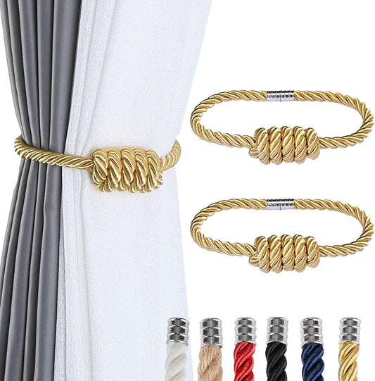 Fenghuangwu 2Pack Magnetic Curtain Tiebacks – Bohemian Style Handmade Woven Tie-Backs for Drapes,Elegant Exquisite Knot Holdbacks,Outdoor Boho & Modern Home Decor（Gold-Ruum Studio Home