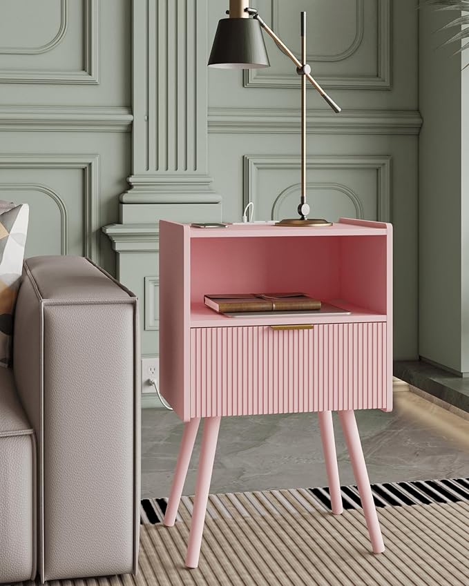 Nightstand,Modern Bedside Table with Storage Drawer and Open Wood Shelf, Accent Night Stand with Solid Wood Legs for Living Room, Bedroom and Small Spaces,Easy Assembly (Pink-Outlet)-Ruum Studio Home