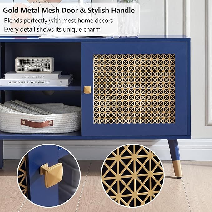Mid Century Modern Entertainment Center, Blue TV Stand for TVs up to 75", Boho Tv Furnitures with Storage Cabinet and Shelves, Tv Console Media Center with Gold Metal Mesh Doors for Living Room-Ruum Studio Home