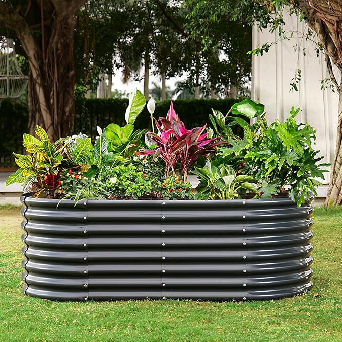 Land Guard Galvanized Raised Garden Bed, 8x4x2ft Planter Boxes Outdoor, Oval Larger Metal Planter Boxes for Vegetables, Fruits, Flowers (Grey)-Ruum Studio Home