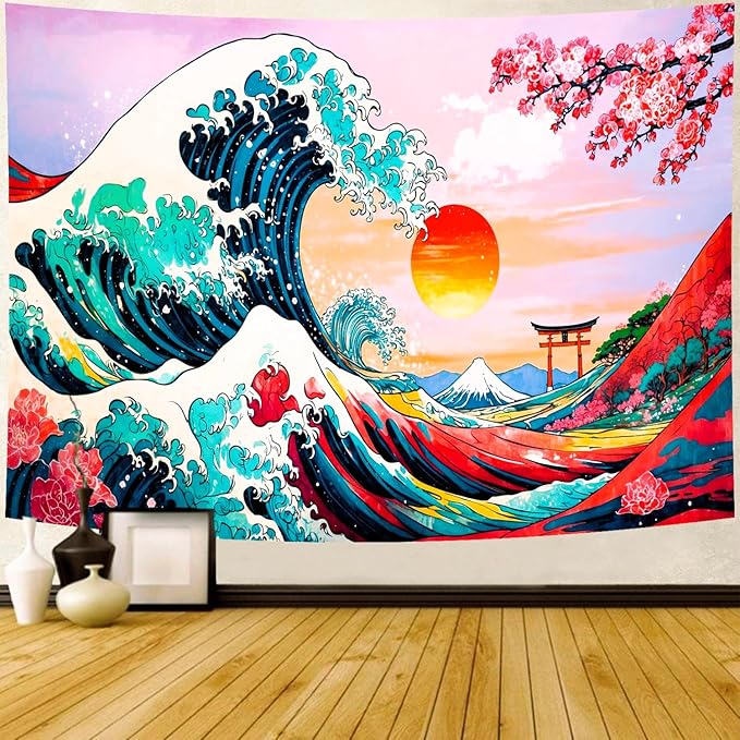 Delur Great Wave Tapestry Japanese Sunset Ocean Sea Wave Off Kanagawa Tapestry Wall Hanging Vintage Asian Anime Cherry Blossom Nature Headboard for Bedroom Living Room Home Decor (59.1" x 78.7")-Ruum Studio Home
