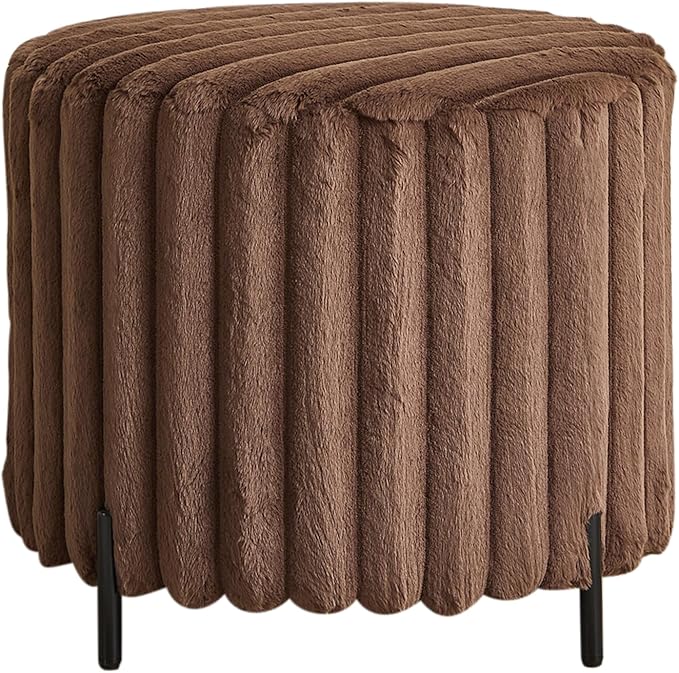 Furniliving Modern Round Ottoman, Large Size Bedroom Ottoman Footstool Round Ottomans Stool for Living Room, Bedroom, Makeup Room, Brown, Faux Fur-Ruum Studio Home