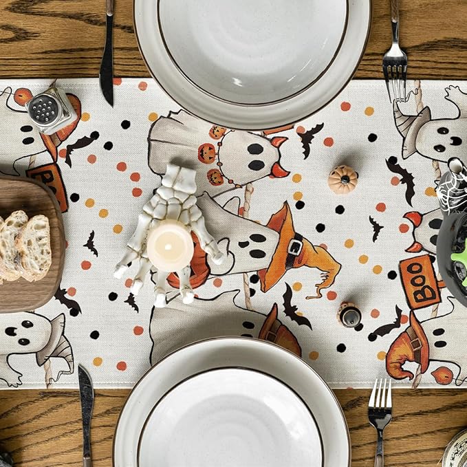 Artoid Mode Beige Ghost Jack-O'-Lantern Black Cat Halloween Table Runner,Holiday Kitchen Dining Table Decoration for Home Party Decor 13 x 72 Inch-Ruum Studio Home