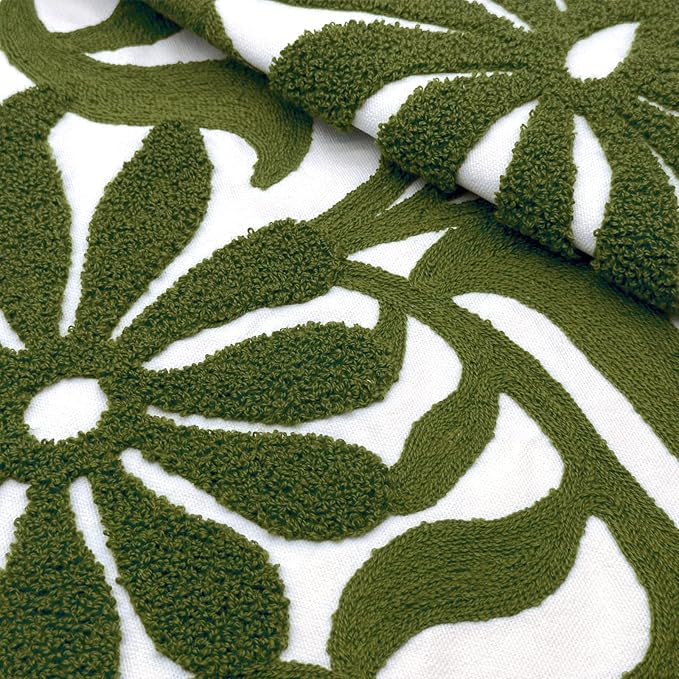 Alysheer Farmhouse Floral Leaves Embroidered Decorative Throw Pillow Cover 18x18 inches, Boho Tufted Flowers Embroidery Pattern Chic Cotton Cushion Case for Couch Bed Sofa Living Room(Olive Green)-Ruum Studio Home