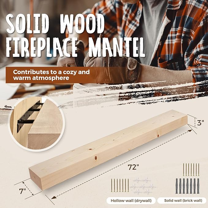 72x7x3 Fireplace Mantel - Solid Rustic Wood Wall Mounted Floating Shelf - DIY Color - with Invisible Heavy Duty Steel Bracket-Ruum Studio Home