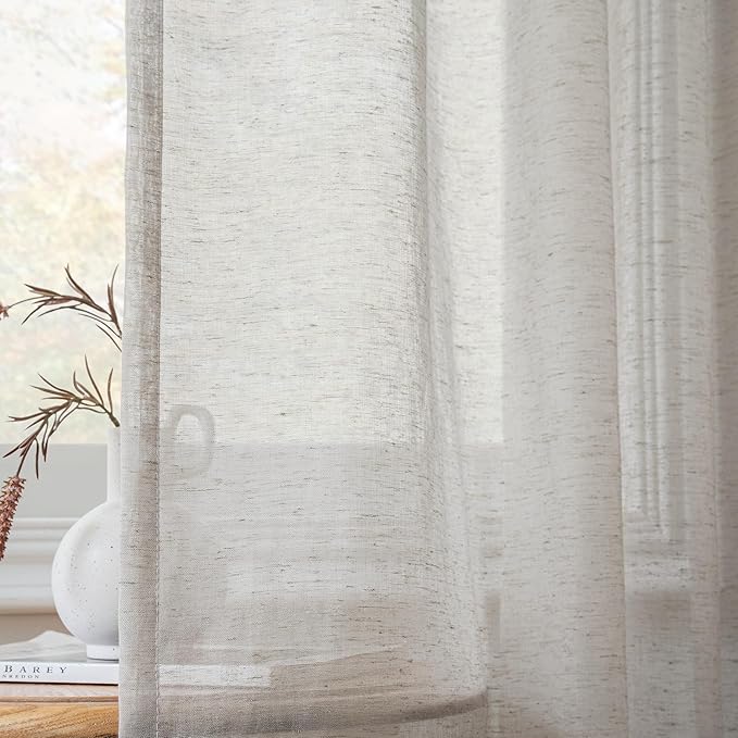 FMFUNCTEX Linen Sheer Curtains for Bedroom, Grey Curtains 63 Inch Length for Living Room, Gray Farmhouse French Flax Blend Window Draperies, Rod Pocket 2 Panels Set-Ruum Studio Home