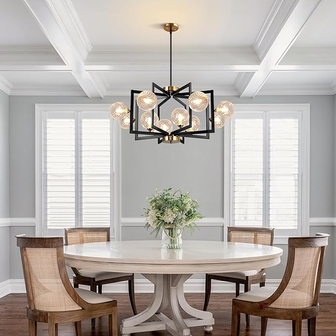 12 Light Black Farmhouse Chandelier Geometric Metal Dining Room Light Fixture Height Adjustable Black Chandeliers for Dining Room Clear Glass Farmhouse Industrial Pendant Lights for Bedroom, Entryway-Ruum Studio Home