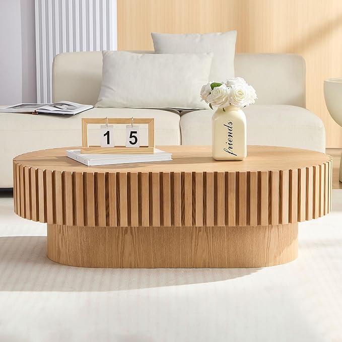 43.7" Oval Coffee Table for Living Room,Modern Handcraft Drum Coffee TableSmall Wooden Coffee Table with Sturdy Pedestal Easy Assembly for Office-Natural-Ruum Studio Home
