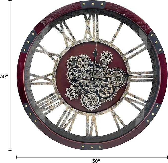 DORBOKER 30" Original Moving Gears Wall Clock, Large Industrial Wall Clock for Living Room Decor, Retro Wood Vintage Farmhouse Steampunk Rustic Clocks for Wall Decor,Cherry Red-Ruum Studio Home