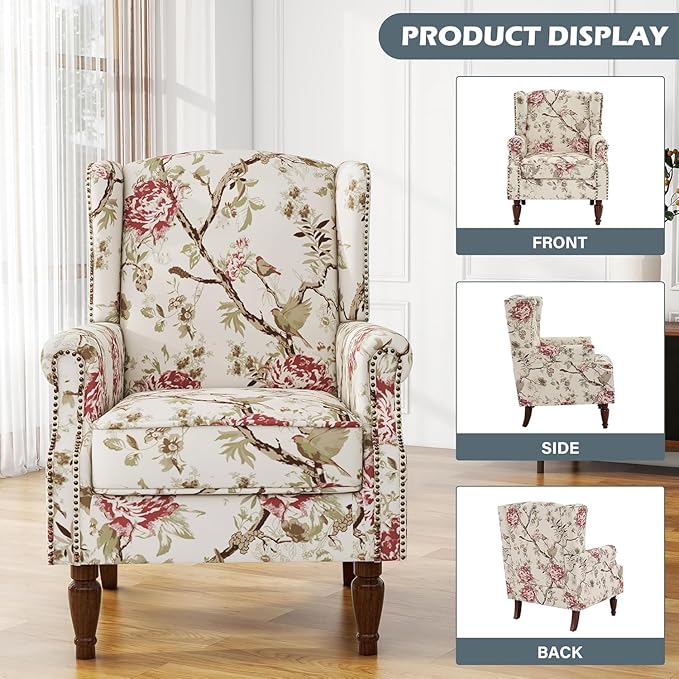UIXE High Back Accent Chair, Fabric Upholstered Armchair for Living Room, Retro Wingback Arm Chair with Solid Wood Legs, Nailhead Trim Single Sofa Bedroom Reading Seat - Beige Floral-Ruum Studio Home