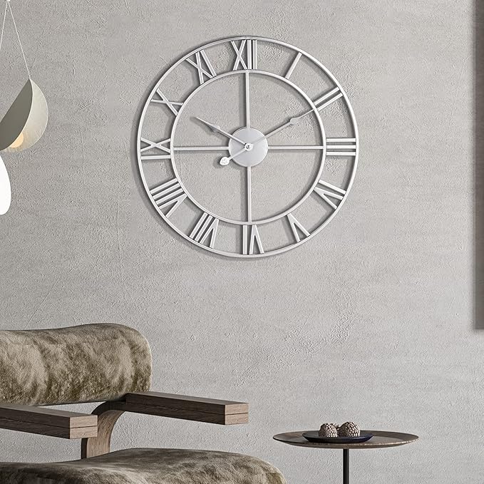 LEIKE 16" Modern Large Wall Clocks,Vintage, Round,Silent Non Ticking,Battery Operated,Silver Metal Roman Numerals Clock for Living Room/Bedroom/Kitchen Decor-Ruum Studio Home