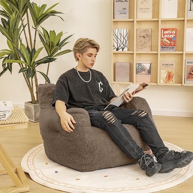 Bean Bag Chair with Filler, Bean Bag Sofa with Tufted Soft Stuffed Filling, Fluffy and Lazy Sofa, Comfy Cozy BeanBag Chairs with Memory Foam for Dorm, Apartment, Living Room (Brown)-Ruum Studio Home