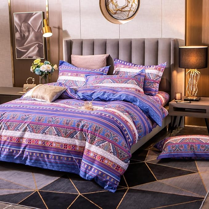 ABREEZE Bohemian Vintage King Size Floral Cotton Bedding Set 3Pcs Duvet Cover Set Boho Purple Paisley 100% Egyptian Brushed Cotton Reversible Home Bedding Collection-Ruum Studio Home