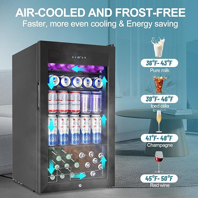 Beverage Refrigerator Cooler, 128 Cans 3.2 Cu.Ft Mini Fridge Glass Door for Drink Beer Soda Wine, Small Fridge with 4 Adjustable Removable Shelves for Kitchen, Bedroom, Office, Bar, Gaming Room, Black-Ruum Studio Home