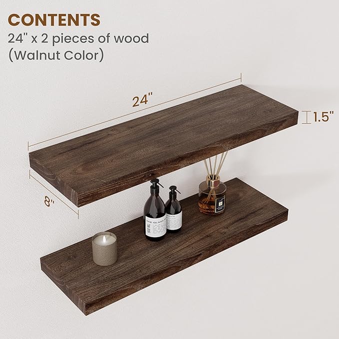 Floating Shelves for Wall Decor, 8 Inch Deep Rustic Solid Elm Wood Floating Shelves Wall Mounted, Wall Shelves with Invisible Bracket for Living Room Bathroom Bedroom Kitchen, 24 Inch Set of 2, Walnut-Ruum Studio Home