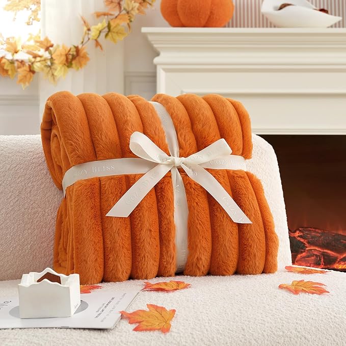 Cozy Bliss Fall Harvest Faux Fur Throw Blanket for Couch, Cozy Warm Plush Striped Blanket for for Decorating Couch Sofa Bedroom Living Room,60 * 80 Inches Burnt Orange-Ruum Studio Home