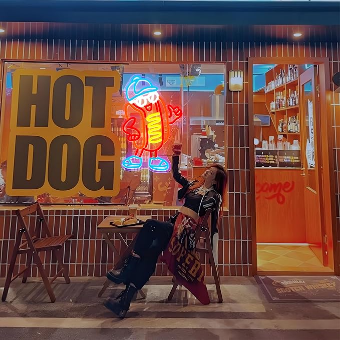 Hot Dog Neon Sign Dimable Cool Hot Dogs Neon Signs Funny Hot Dog Party Themed Light Decor for Restaurants Bars Game Rooms Vibrant LED Lighting Gifts for Fast Food Enthusiasts (15×9.8inch)-Ruum Studio Home