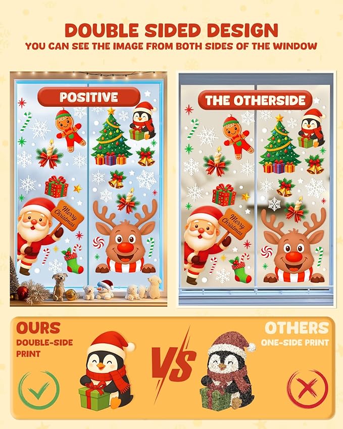 Christmas Window Clings - 9 Sheets 162 Pcs Cute Xmas Decorations for Winter Holiday Home Party Santa Reindeer Snowman Gingerbread Snowflake Stickers for Glass Double-Sided Static Window Decals-Ruum Studio Home