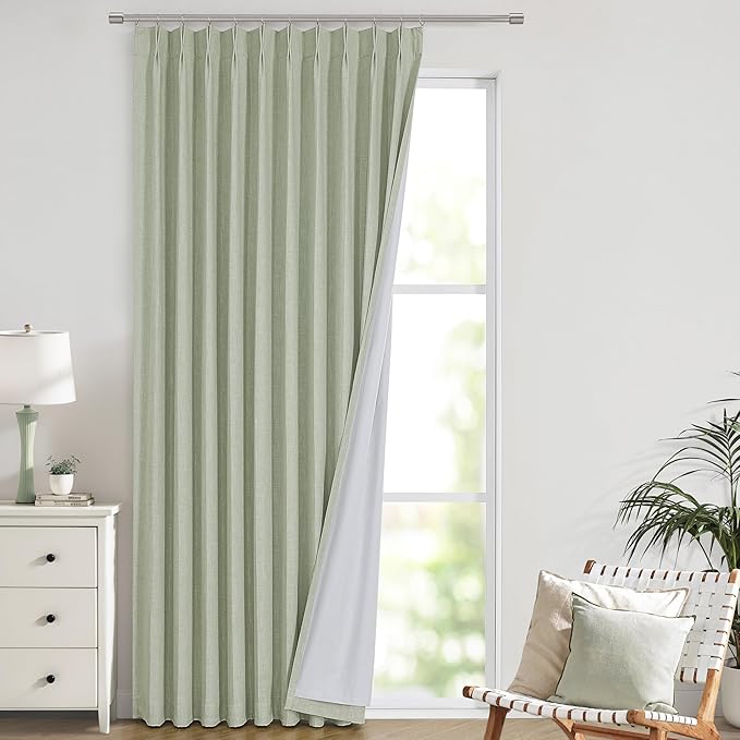 Vision Home Soft Green Pinch Pleated Full Blackout Curtains Linen Blended Room Darkening Window Curtains 102 inch for Living Room Bedroom Thermal Insulated Pinch Pleat Drapes with Hooks 60" Wx102 Lx1-Ruum Studio Home